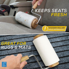A two-panel promotional image showing a lint roller being used on a car seat and a rug/mat. Text reads 'KEEPS SEATS FRESH' and 'GREAT FOR RUGS & MATS.