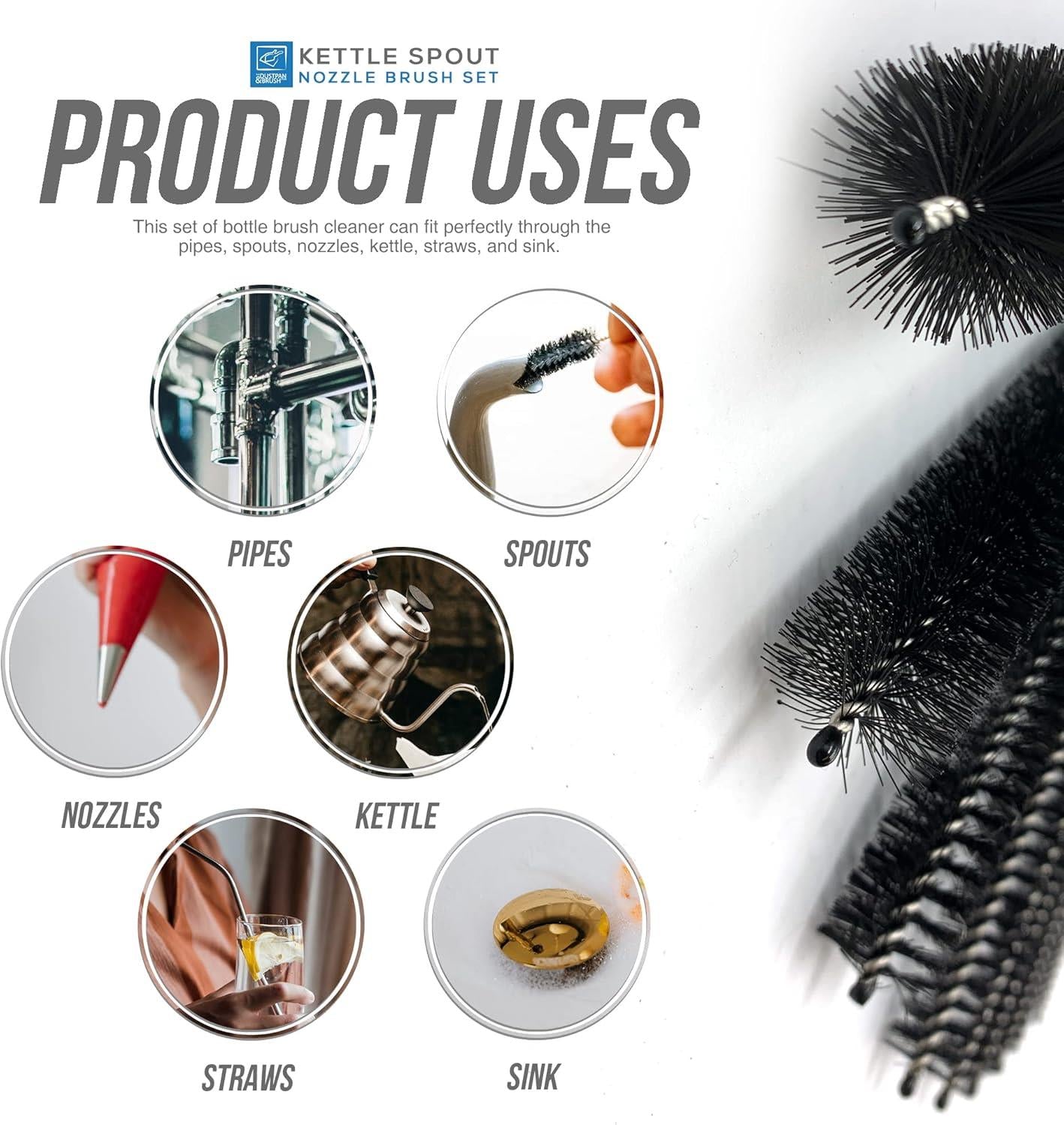 Kettle Spout Brush Teapot Nozzle Brush Set Bottle Tube Brush Pipe Cleaner Glasses Straw Coffee Machine Cleaning Brushes - 10 Pack Assorted Sizes