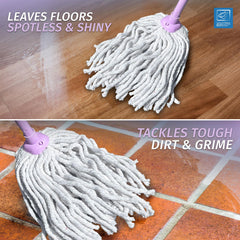 A two-panel product image showing a white cotton floor mop with a lilac handle on different floor types. The top panel shows it on a wooden floor with the text 'LEAVES FLOORS SPOTLESS & SHINY', and the bottom panel shows it on terracotta tiles with the text 'TACKLES TOUGH DIRT & GRIME'.