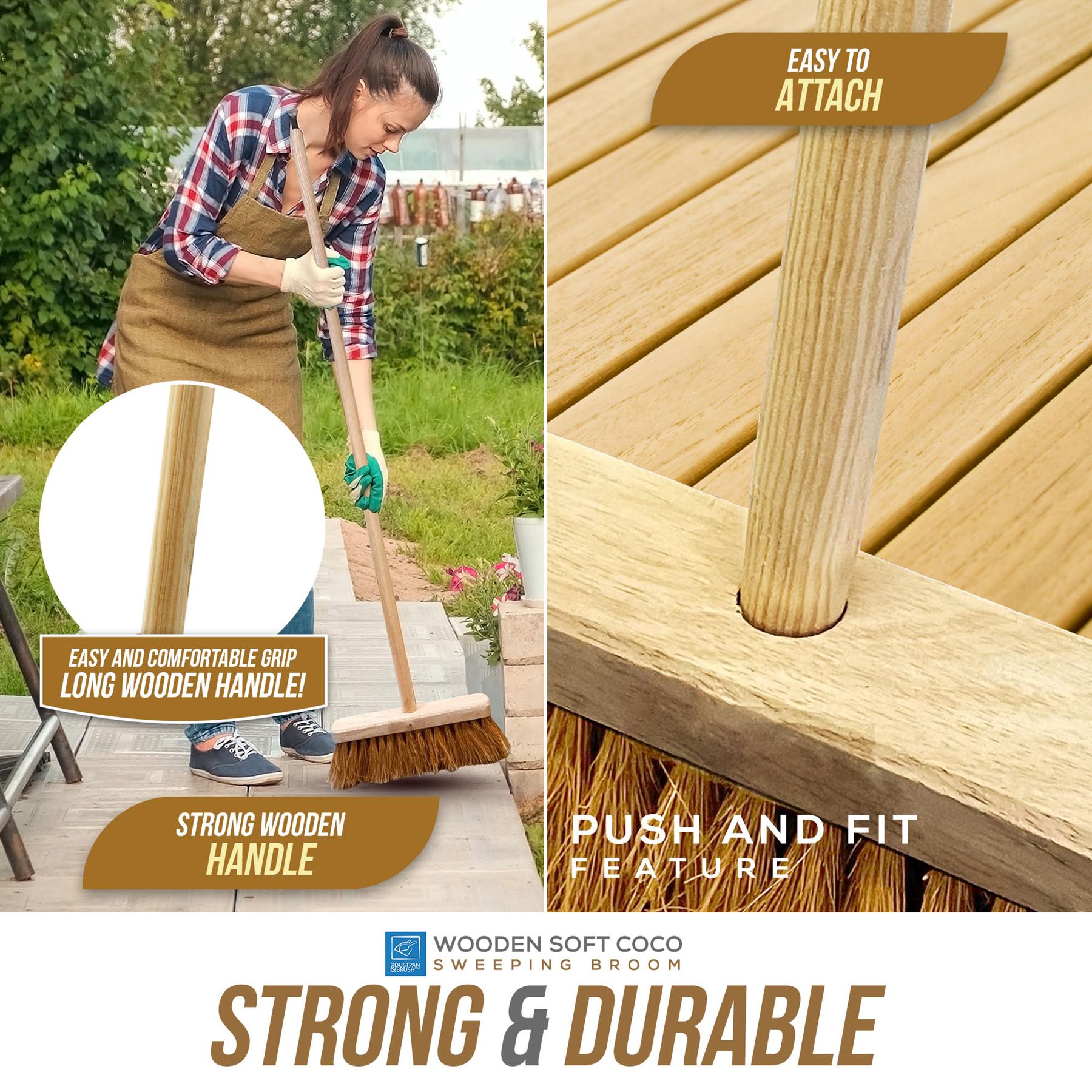 A promotional collage for a wooden sweeping broom. The left panel shows a woman outdoors sweeping a patio with the broom, with inset close-ups of the wooden handle and bristles. 