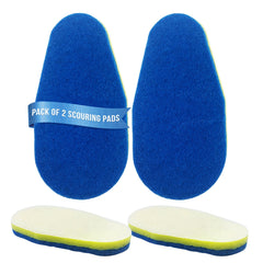 Two blue scouring pads shown upright with a blue paper band reading 'PACK OF 2 SCOURING PADS,' plus two oval scouring pads lying flat below, each showing a pale cream center and blue-yellow edge, on a white background.
