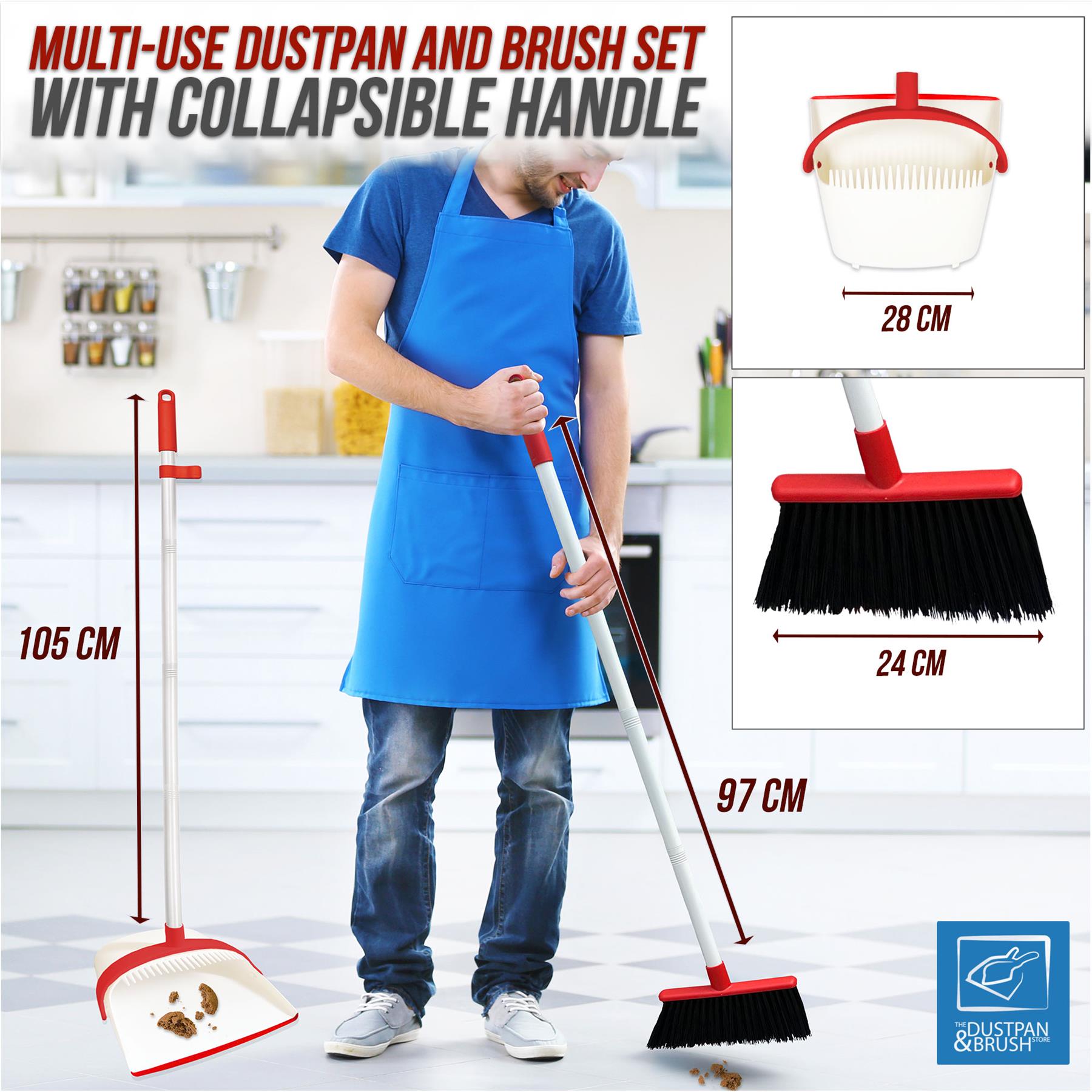 Multi-use dustpan and brush set with collapsible handle, shown with measurements and a person wearing an apron.