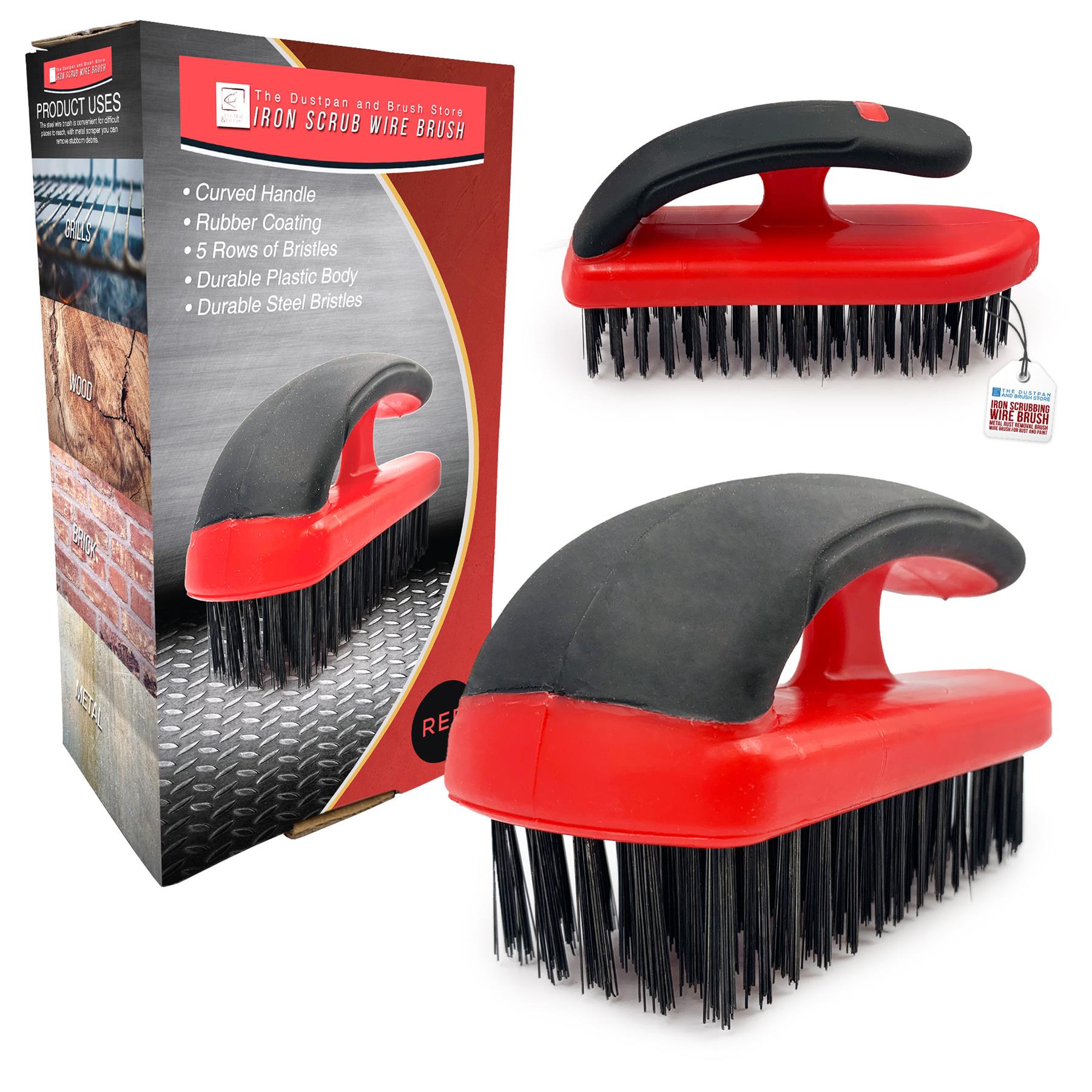 Two red and black iron scrub wire brushes shown alongside their retail packaging box on a plain white background.