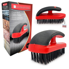 Two red and black iron scrub wire brushes shown alongside their retail packaging box on a plain white background.