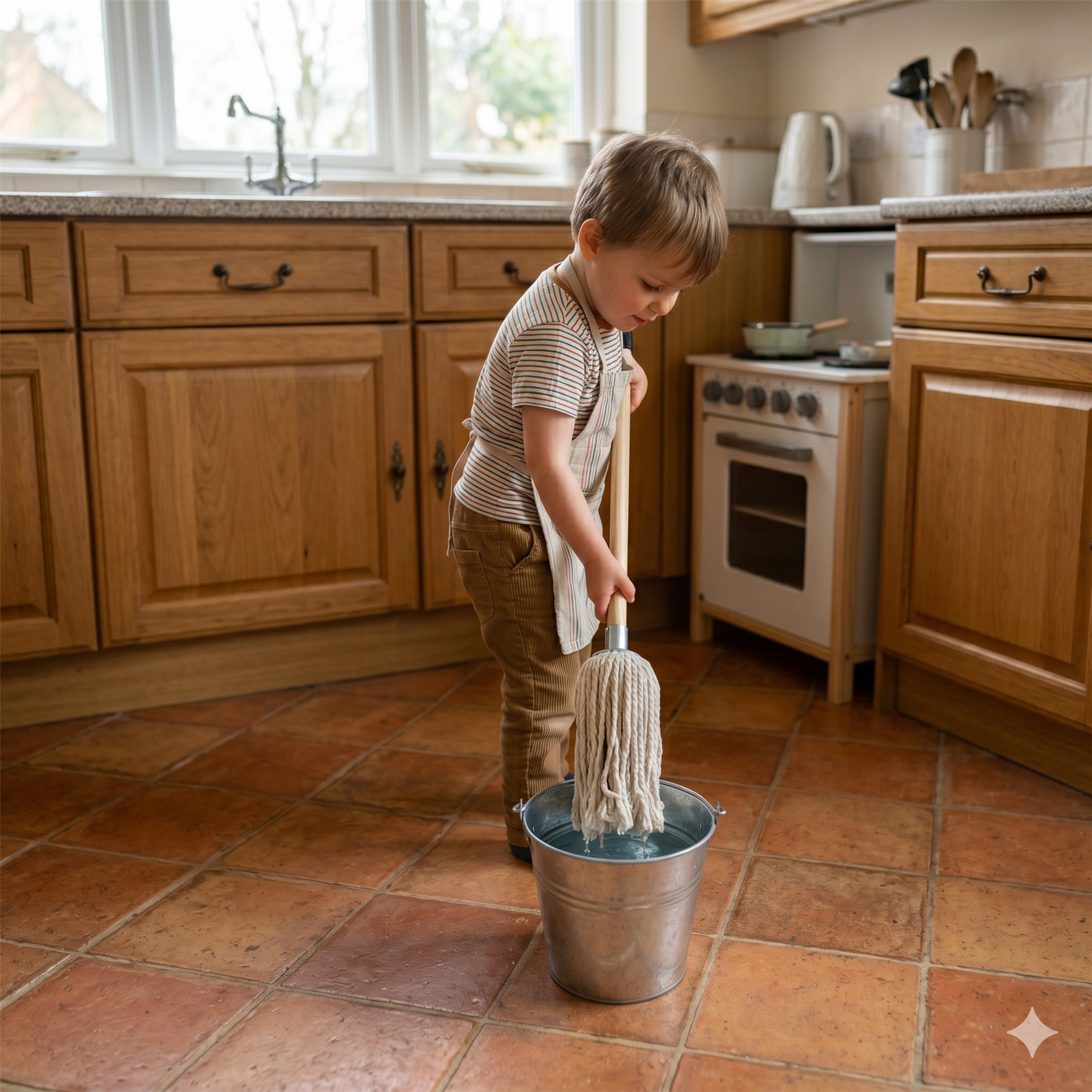 Child mopping a kitchen floor with a mop and bucket