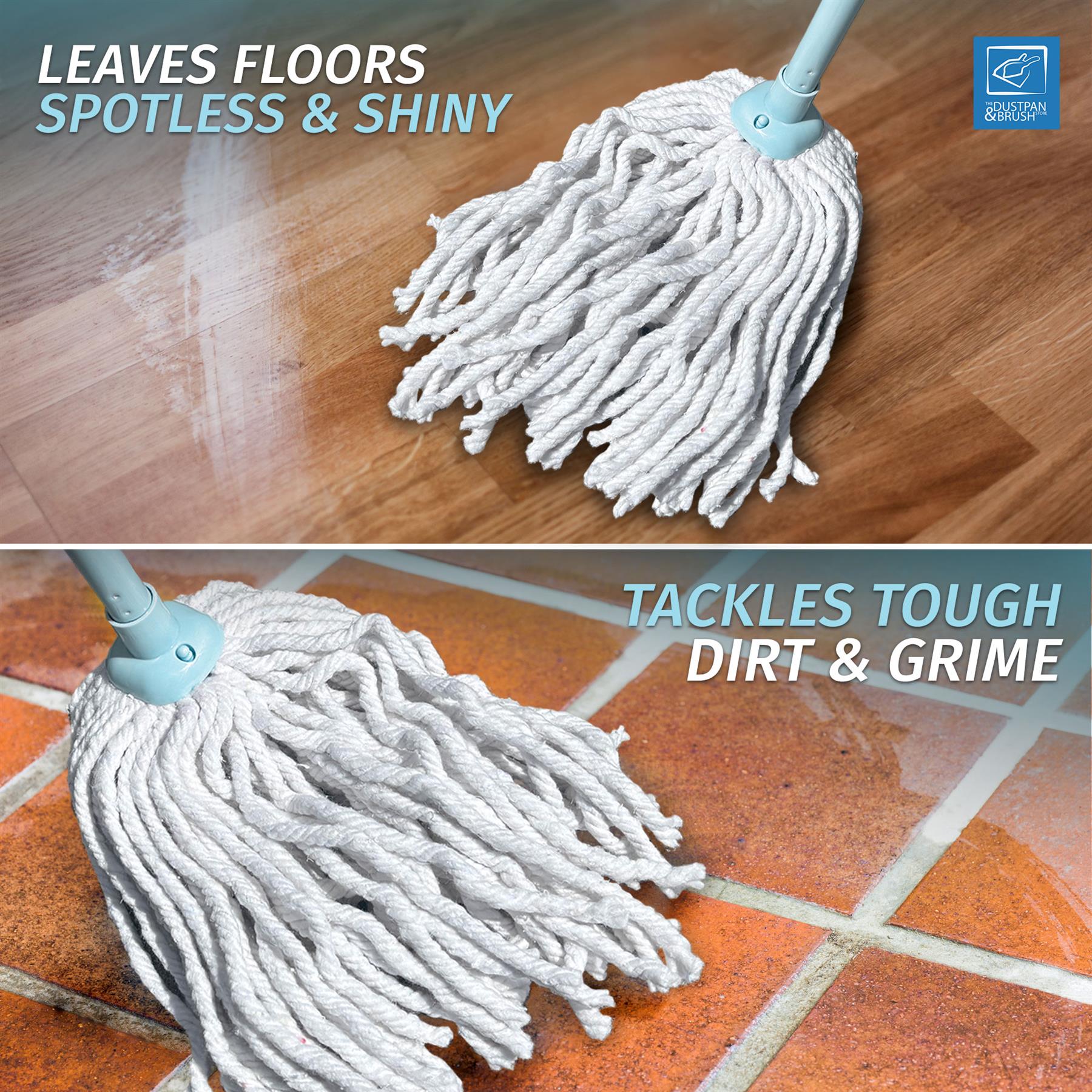 A white corded floor mop with a light blue handle shown on a wooden floor and a tiled floor, with marketing text reading 'LEAVES FLOORS SPOTLESS & SHINY' and 'TACKLES TOUGH DIRT & GRIME'.