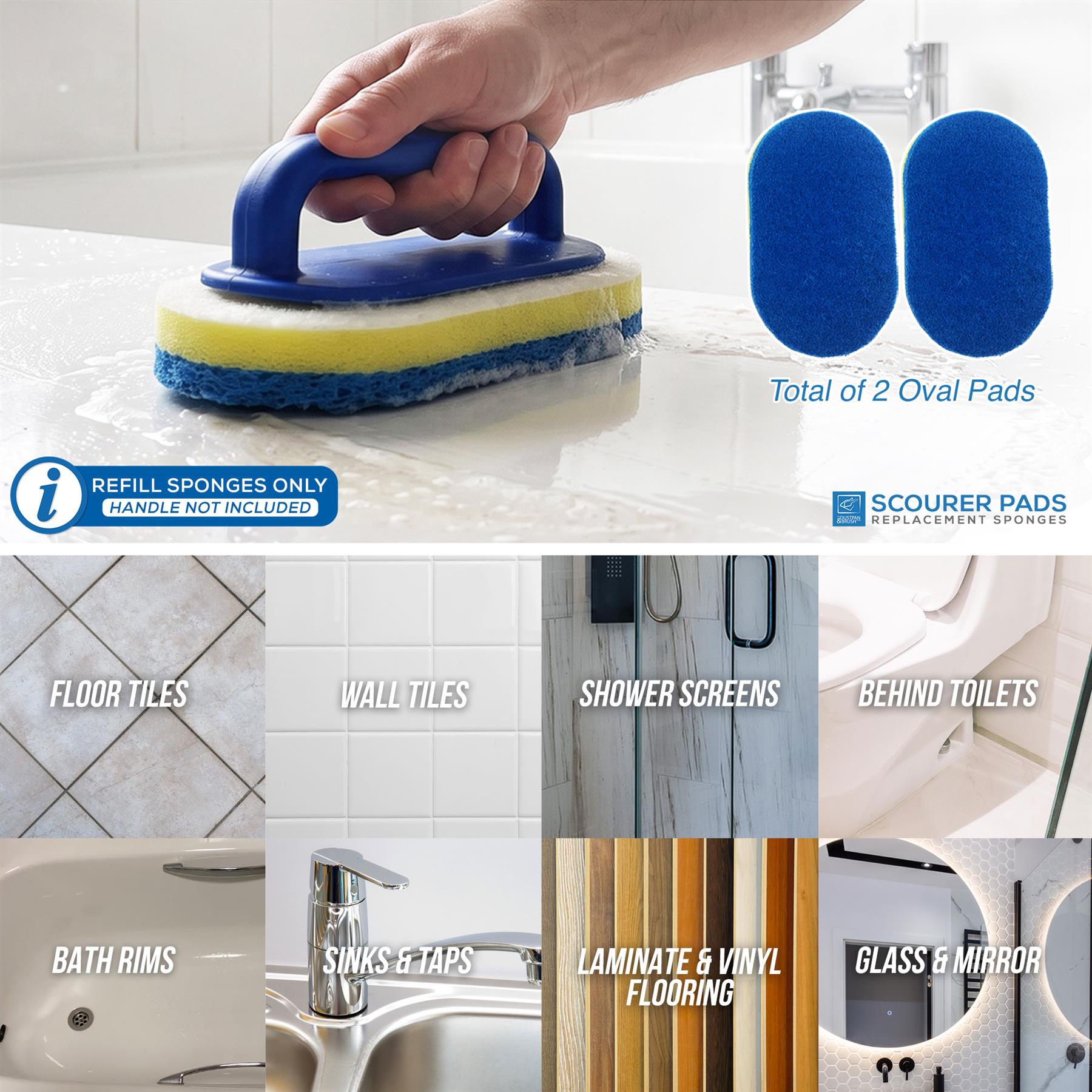 A hand holds a blue-handled scrubber with yellow and blue sponge pads on a bathroom countertop. Two blue oval replacement pads are shown at the top right, with text reading 'Total of 2 Oval Pads.