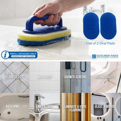 A hand holds a blue-handled scrubber with yellow and blue sponge pads on a bathroom countertop. Two blue oval replacement pads are shown at the top right, with text reading 'Total of 2 Oval Pads.