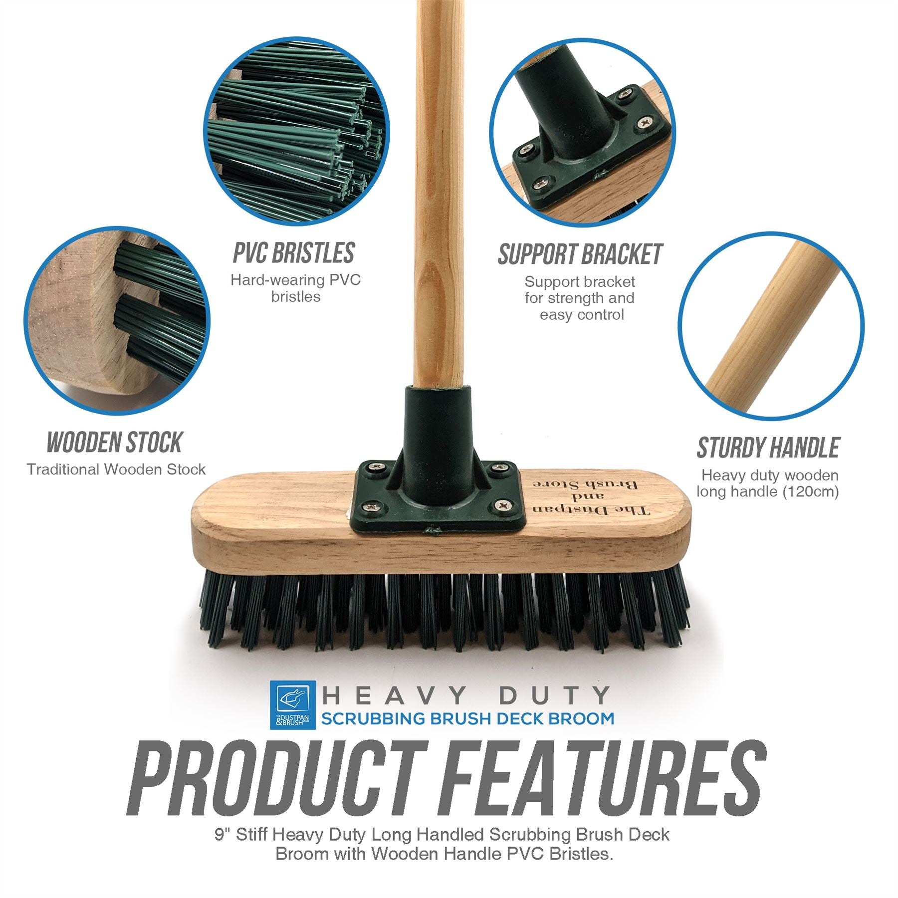 9" Stiff PVC Deck Scrub Floor Scrubbing Brush and 4ft Wooden Handle