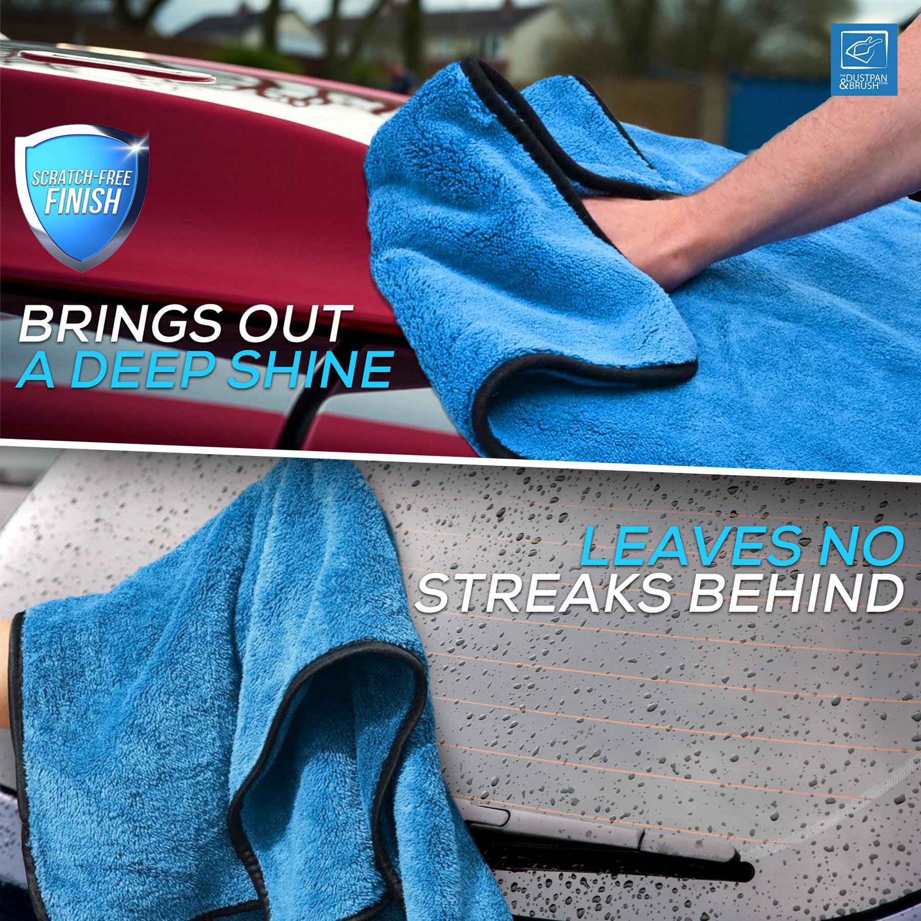A blue microfibre car towel with black trim is being used to wipe a red car, with text reading 'BRINGS OUT A DEEP SHINE' and a second panel showing it drying a speckled car surface with text reading 'LEAVES NO STREAKS BEHIND'.