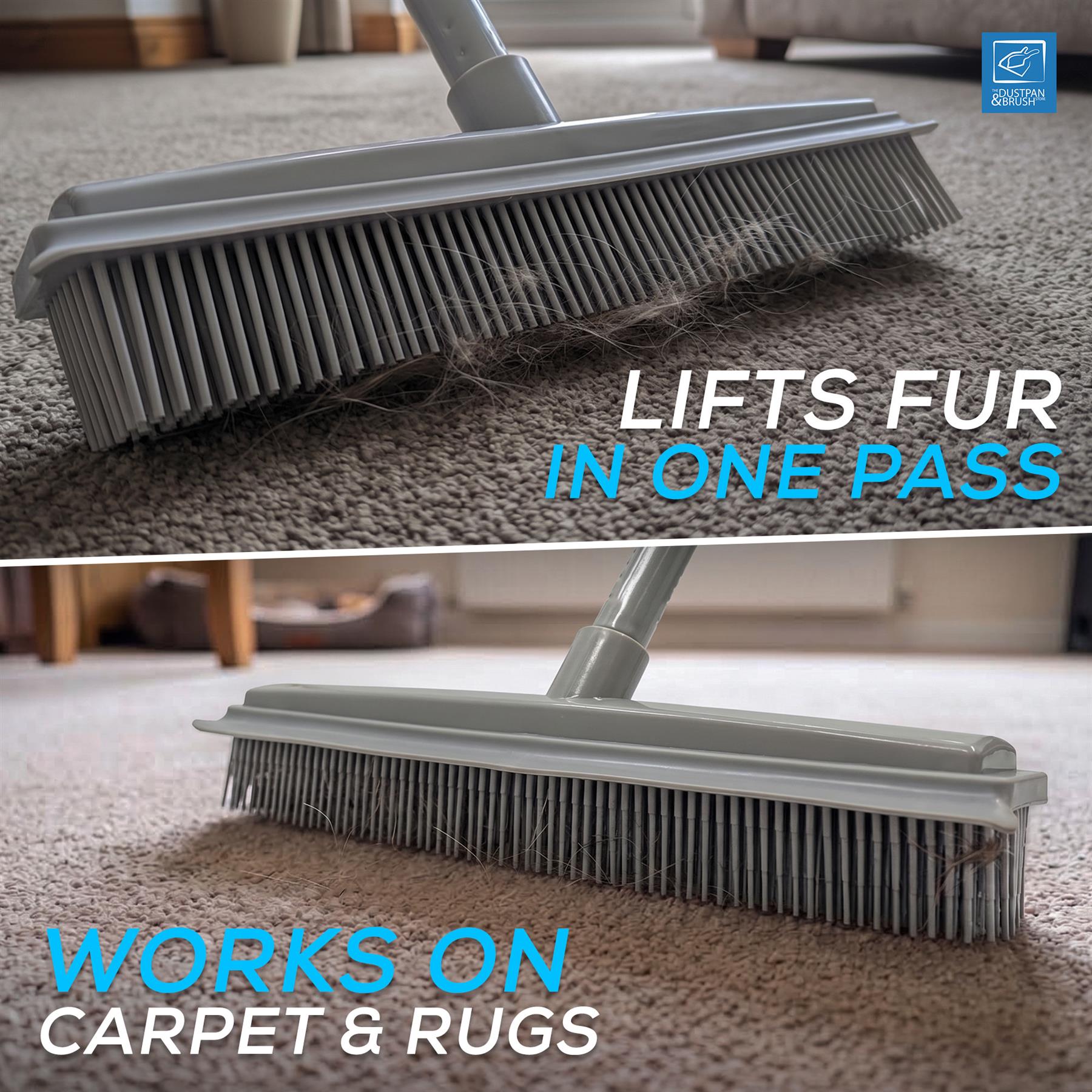 A two-panel product demonstration showing a grey floor sweeper brush lifting pet hair from carpet. The top panel shows the brush in action on a beige carpet with text reading 'LIFTS FUR IN ONE PASS'.