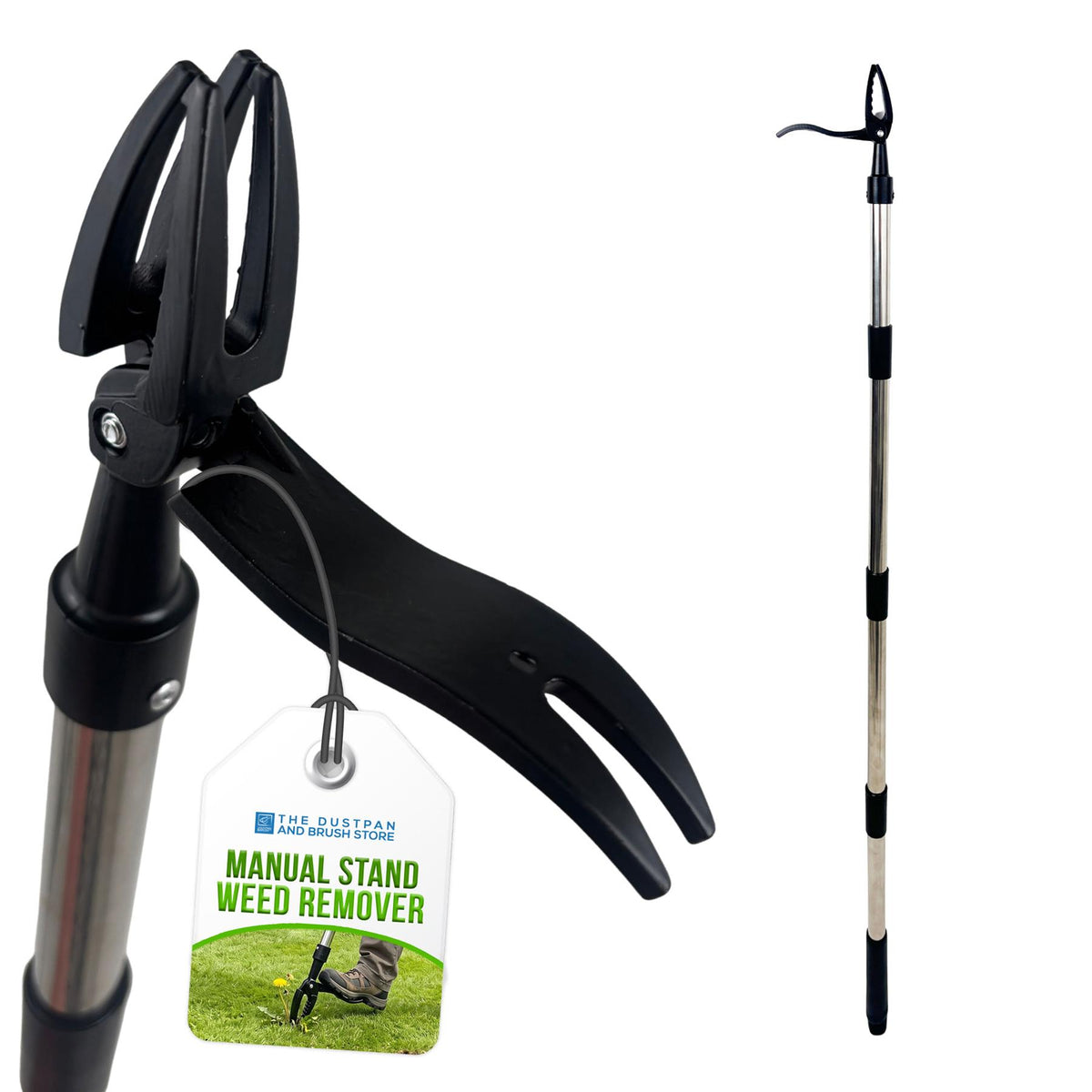 Manual stand weed remover shown in two views on a white background: one close-up of the black clamp-like hand tool attached to a silver pole, and one full-length view of the telescoping pole with black handle sections. A hanging tag reads 'Manual Stand Weed Remover' with a small brand mark that appears to say 'The Rustan' and 'Outdoor Living Store'.