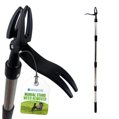 Manual stand weed remover shown in two views on a white background: one close-up of the black clamp-like hand tool attached to a silver pole, and one full-length view of the telescoping pole with black handle sections. A hanging tag reads 'Manual Stand Weed Remover' with a small brand mark that appears to say 'The Rustan' and 'Outdoor Living Store'.