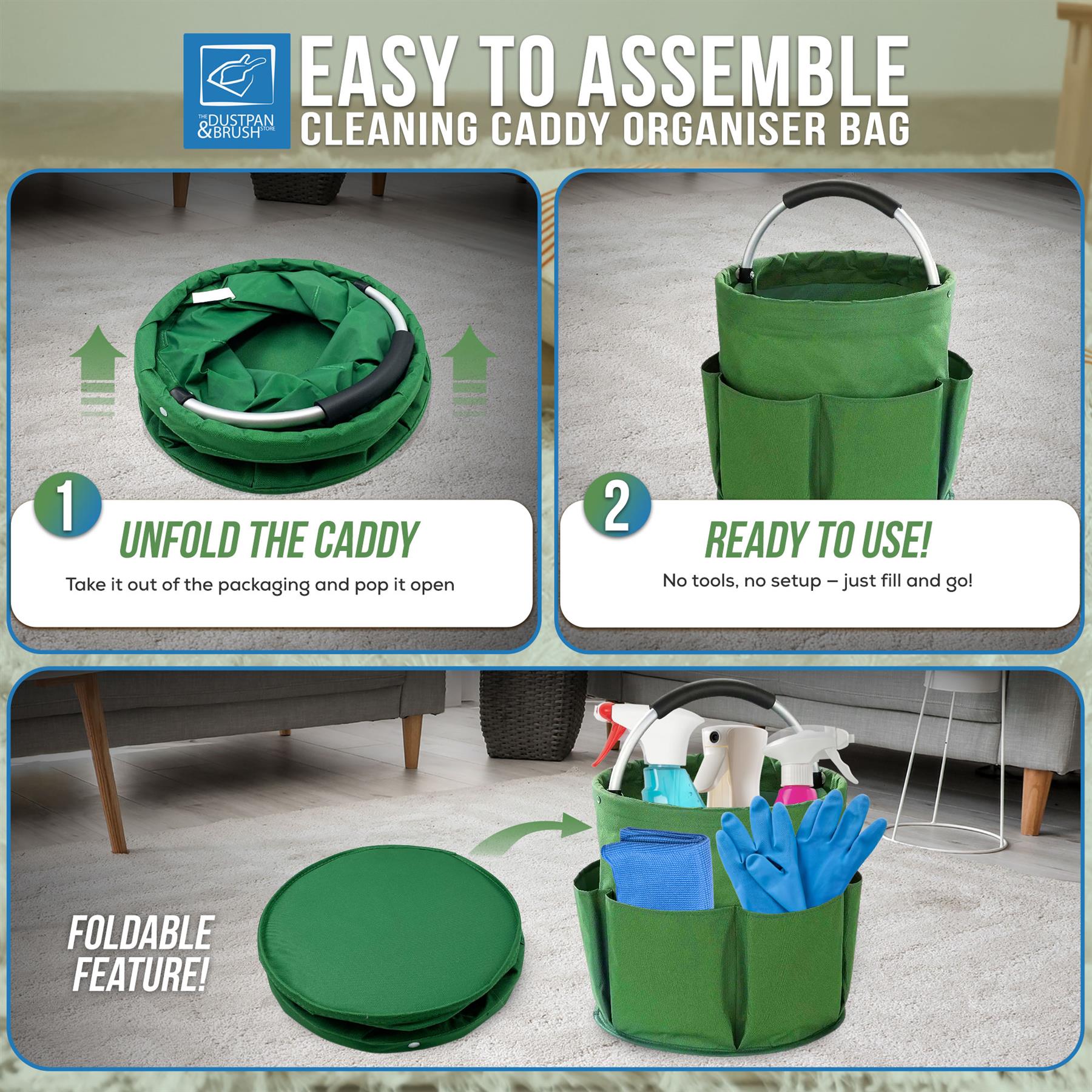 A multi-panel product infographic for a green foldable cleaning caddy organizer bag. It shows the bag folded flat, then unfolded and ready to use with cleaning supplies, on a gray carpet in front of a sofa.