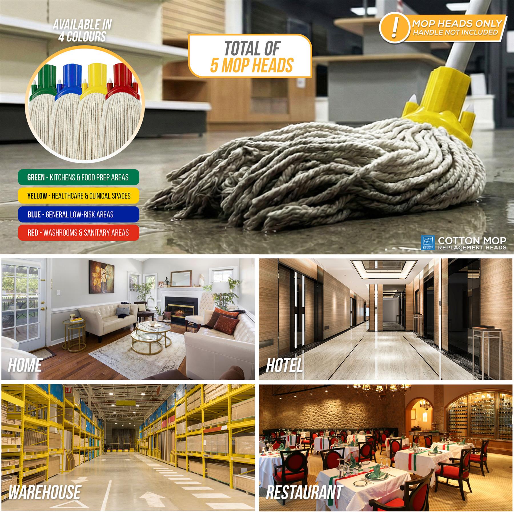 A cotton mop head with a bright yellow plastic handle is shown in a collage-style promotional layout. The main panel shows the mop head on a wet floor, with smaller panels demonstrating use in home, hotel, warehouse, and restaurant settings.
