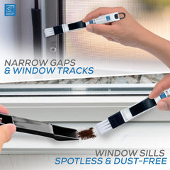 Cleaning tool being used to clean narrow gaps and window tracks with text indicating effectiveness.