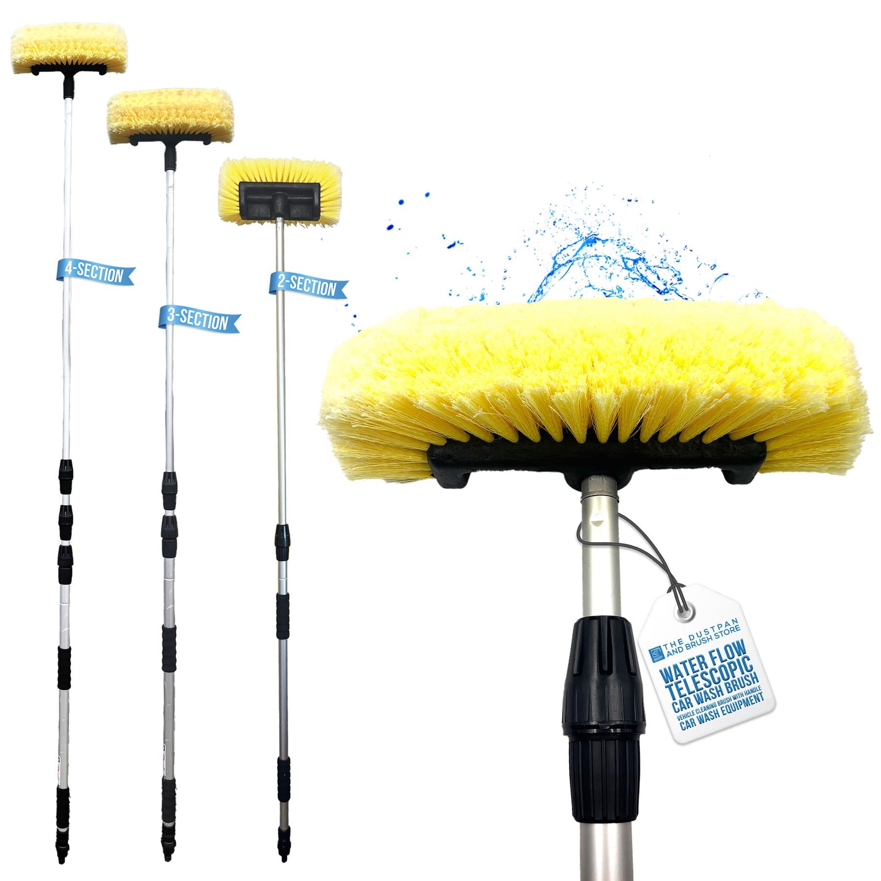 Three telescoping water-fed cleaning brushes on silver poles with yellow bristles, shown on a white background. One brush is enlarged in the foreground with a water spray graphic behind it and a hanging tag reading 'Water Fed Telescoping Brush'.