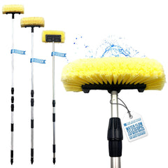 Three telescoping water-fed cleaning brushes on silver poles with yellow bristles, shown on a white background. One brush is enlarged in the foreground with a water spray graphic behind it and a hanging tag reading 'Water Fed Telescoping Brush'.
