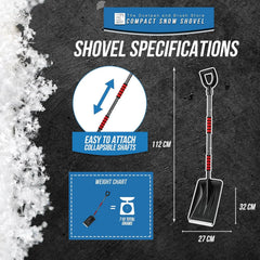 Compact Travel Snow Shovel specifications on a dark background 