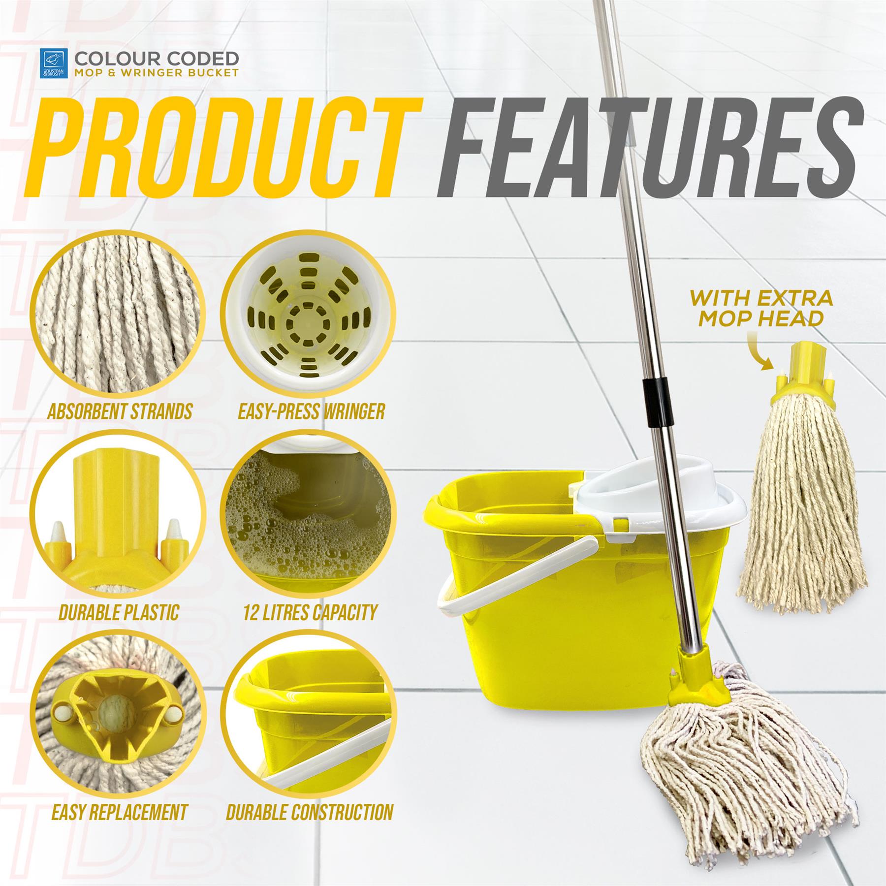 Cleaning product set with features highlighted on a white background
