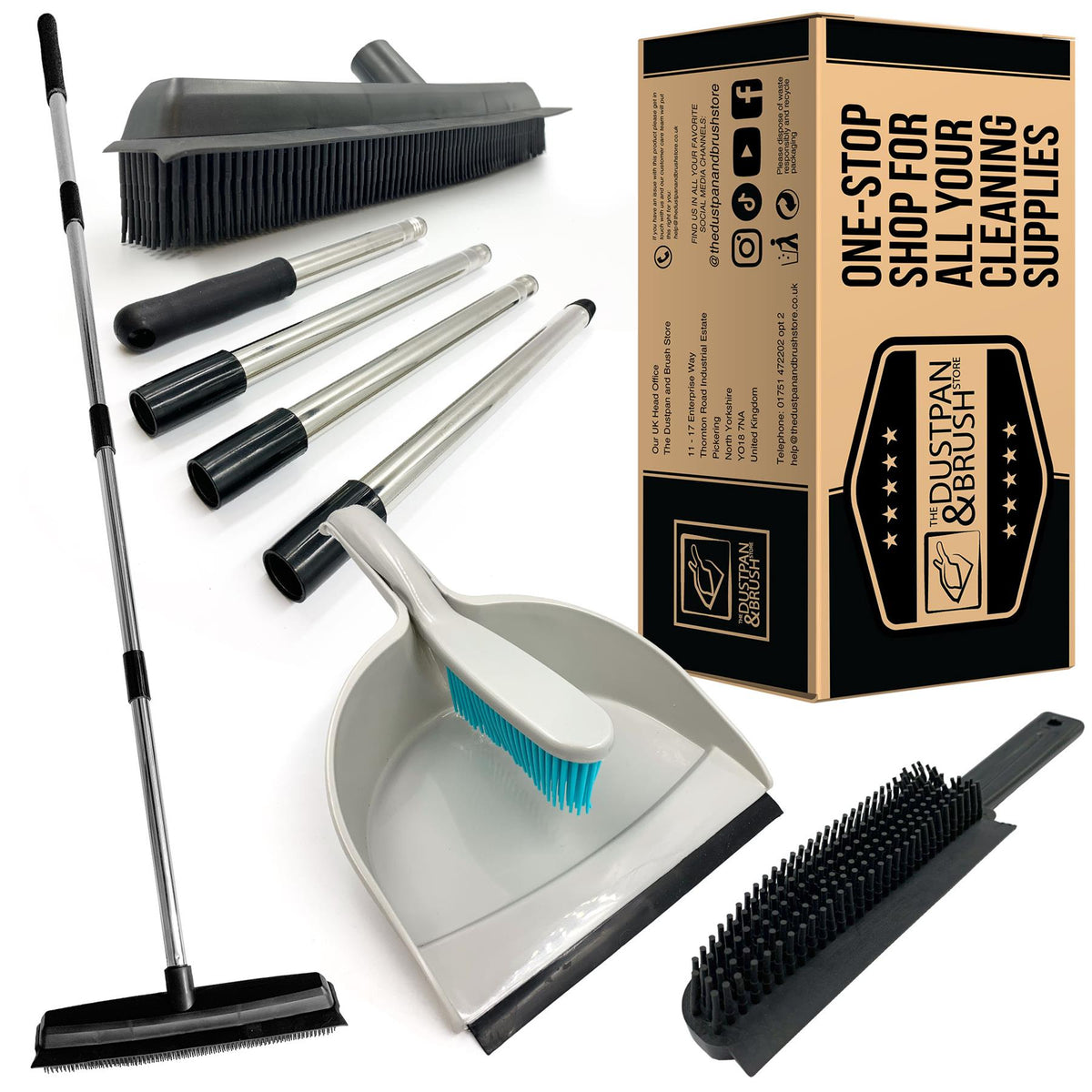 Rubber Broom with 4 Piece Handle, Rubber Hand Brush and Rubber Dustpan and Brush Set