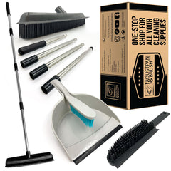 Rubber Broom with 4 Piece Handle, Rubber Hand Brush and Rubber Dustpan and Brush Set