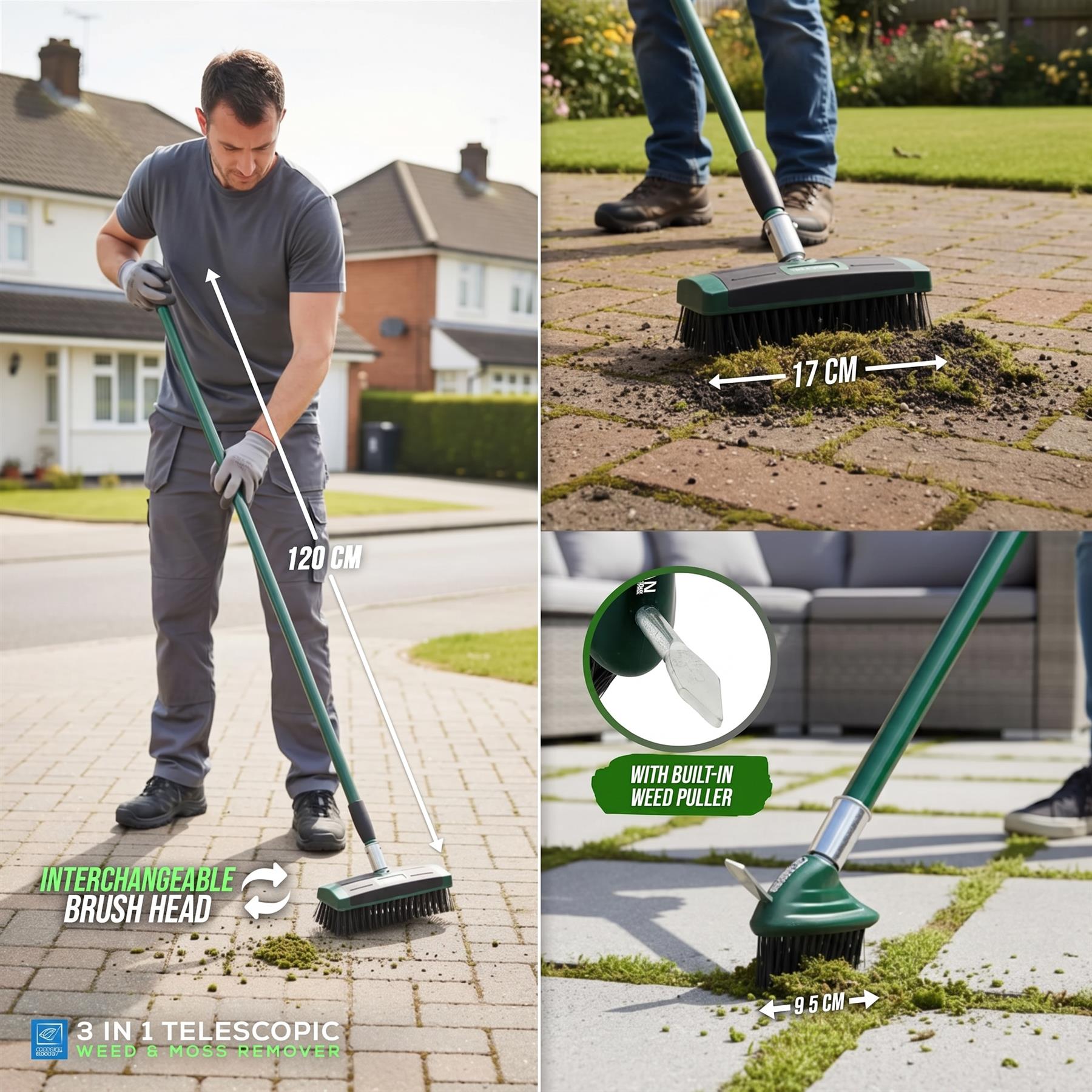 3 in 1 Block Paving Weeding Brush with Telescopic Handle 140cm - The Dustpan and Brush Store