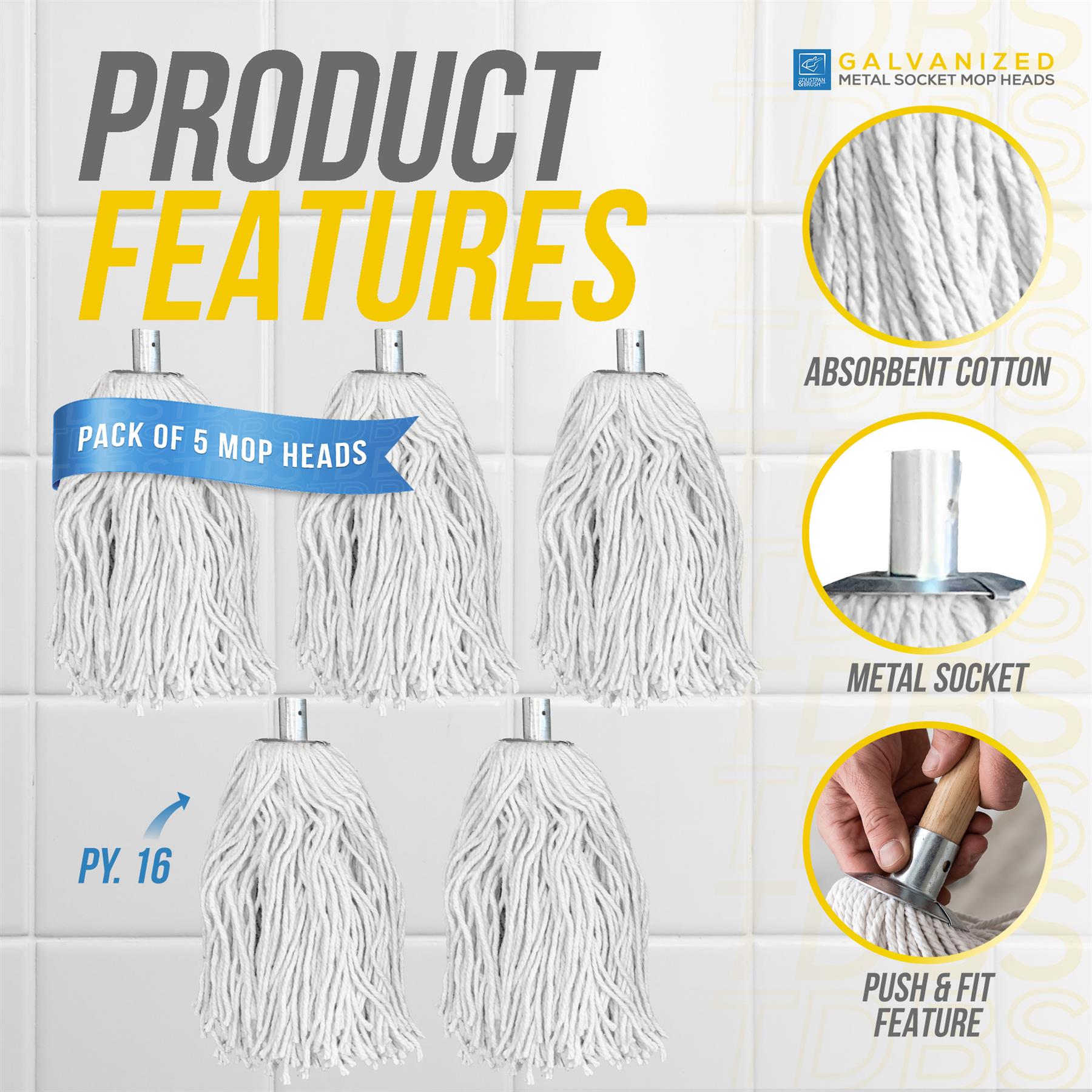 Cotton Mop with Galvanised Socket Fitting - 16 PY - Pack of 5