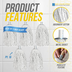 Cotton Mop with Galvanised Socket Fitting - 16 PY - Pack of 5
