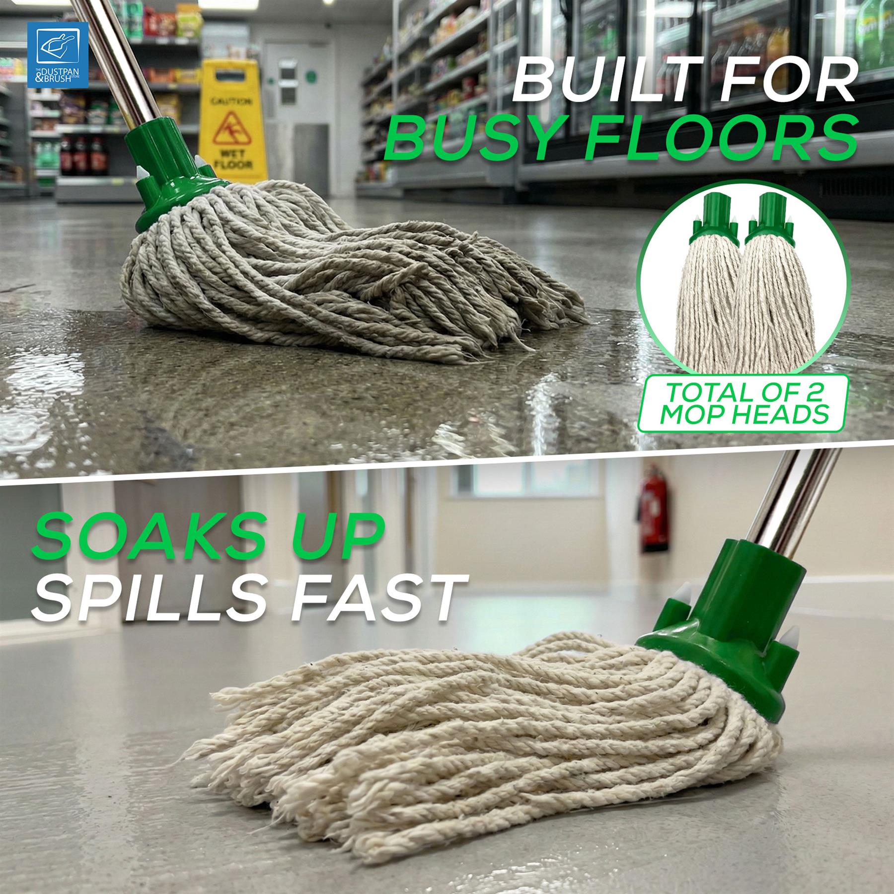 A cordless floor mop with gray rope heads and green plastic connectors, shown on a wet store floor with promotional text reading 'BUILT FOR BUSY FLOORS' and 'SOAKS UP SPILLS FAST.' A circular inset shows two mop heads, and a small logo appears in the top-left corner.