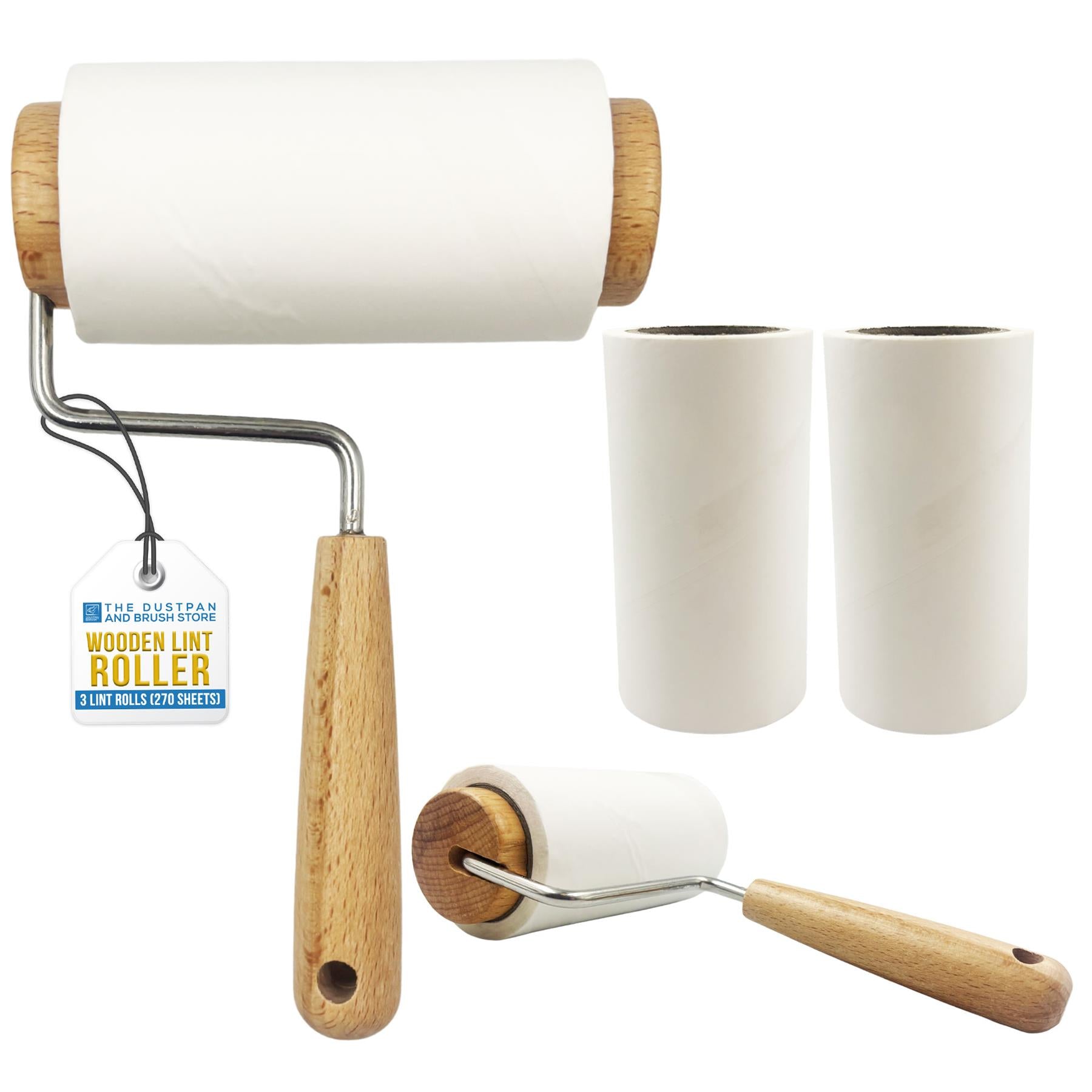 Two wooden lint rollers with white cleaning sheets, shown on a white background. One is upright with its metal handle and hanging tag visible, and the other is laid on its side.