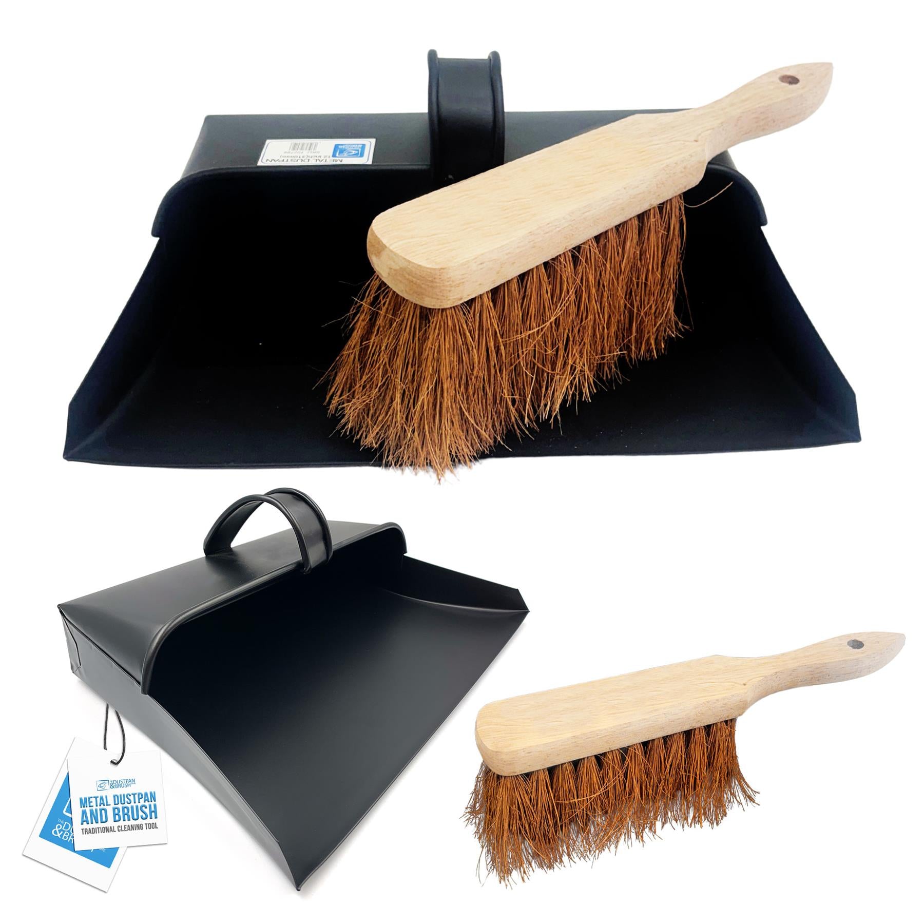 Metal Hooded Dustpan and Brush Set with Soft Coco Brush on a white background