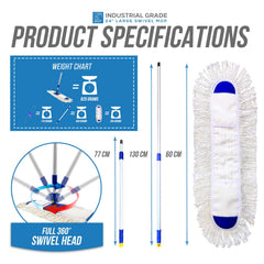 24" Flat Dust Mop with Telescopic Handle product specifications and ,op head dimensions  