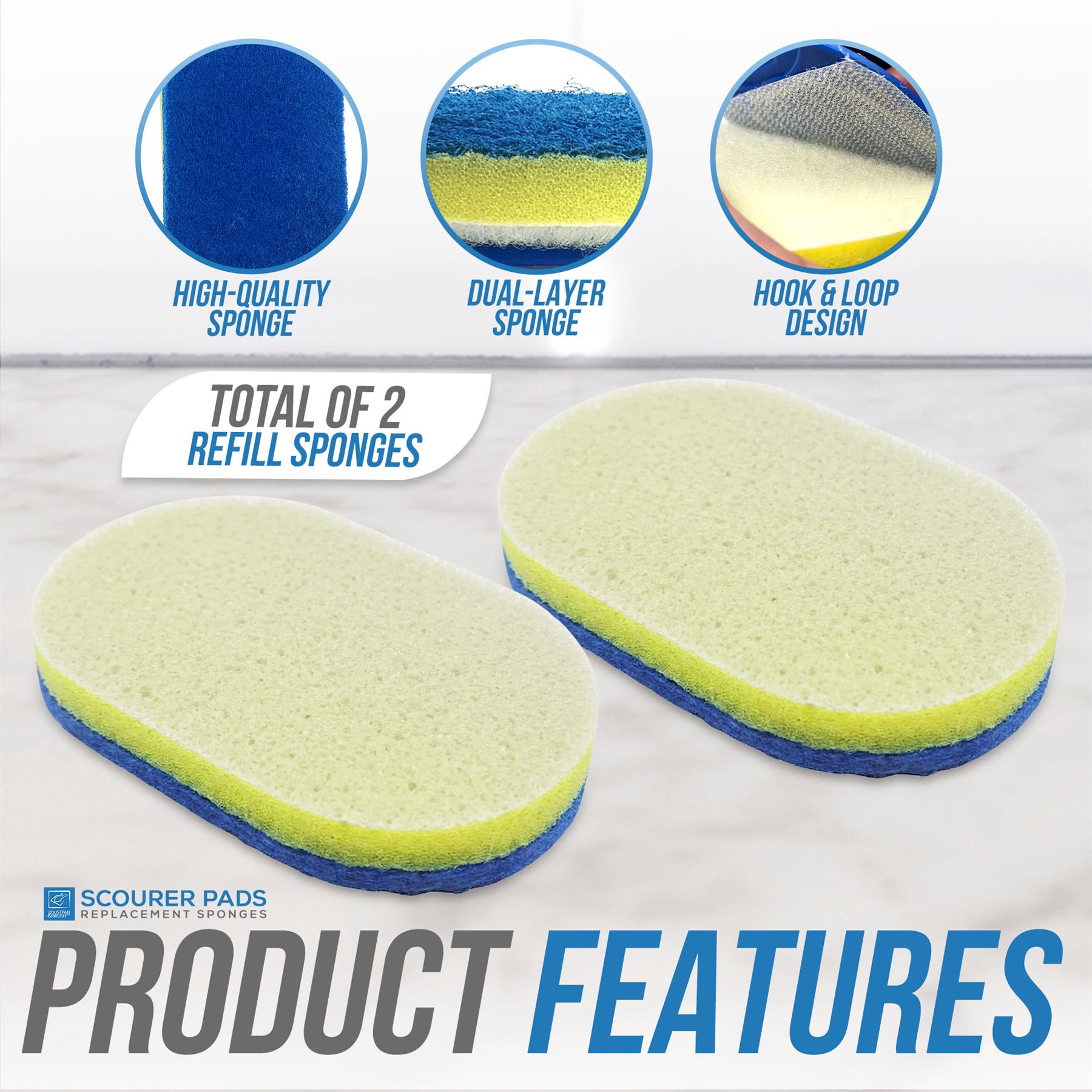 Two refillable oval cleaning sponges with a dual-layer design, shown on a light marble background with three circular feature callouts at the top and large 'PRODUCT FEATURES' text at the bottom. The sponges are pale yellow-green with blue and yellow layers, and the top callouts mention high-quality sponge, dual-layer sponge, and hook & loop design.
