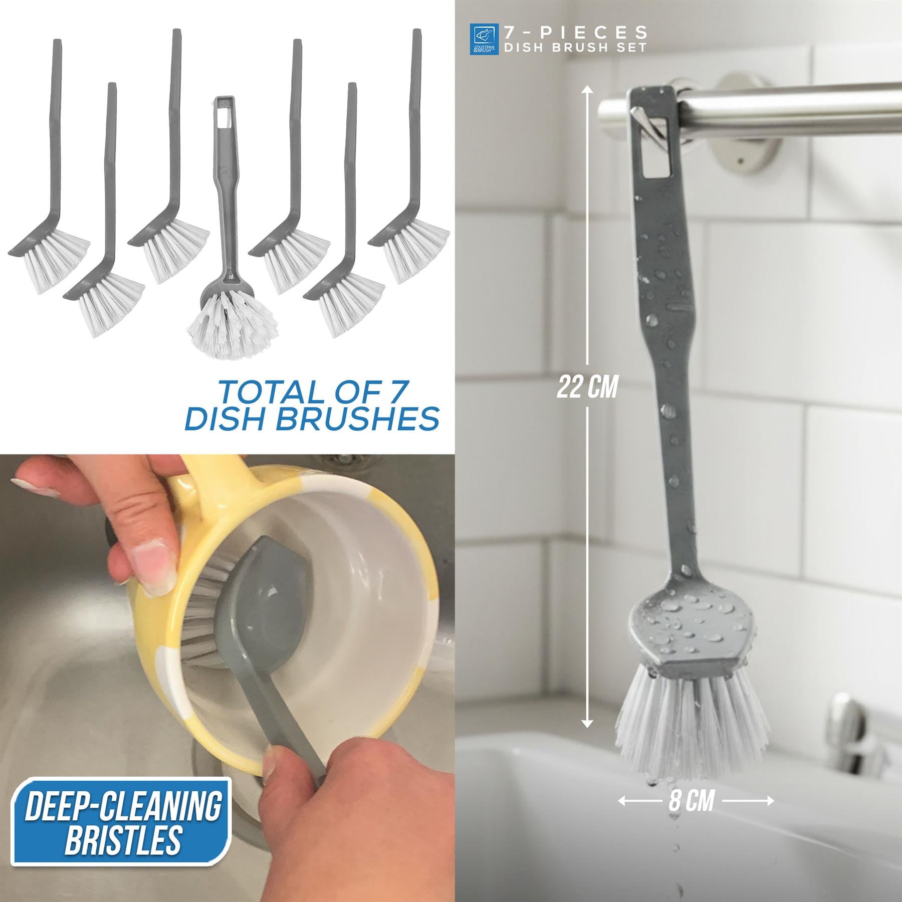 A 7-piece dish brush set shown in a collage: the seven gray-handled brushes with white bristles on a white background, one brush hanging from a bathroom sink rack in a real setting, and text noting 'TOTAL OF 7 DISH BRUSHES' and 'DEEP-CLEANING BRISTLES.' Because a real bathroom environment and hands are visible, this fits Lifestyle rather than Product/Packaging, even though product cutouts and dimension callouts are also present.