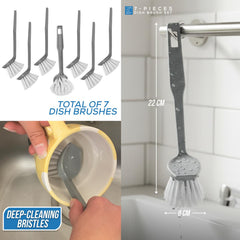 A 7-piece dish brush set shown in a collage: the seven gray-handled brushes with white bristles on a white background, one brush hanging from a bathroom sink rack in a real setting, and text noting 'TOTAL OF 7 DISH BRUSHES' and 'DEEP-CLEANING BRISTLES.' Because a real bathroom environment and hands are visible, this fits Lifestyle rather than Product/Packaging, even though product cutouts and dimension callouts are also present.