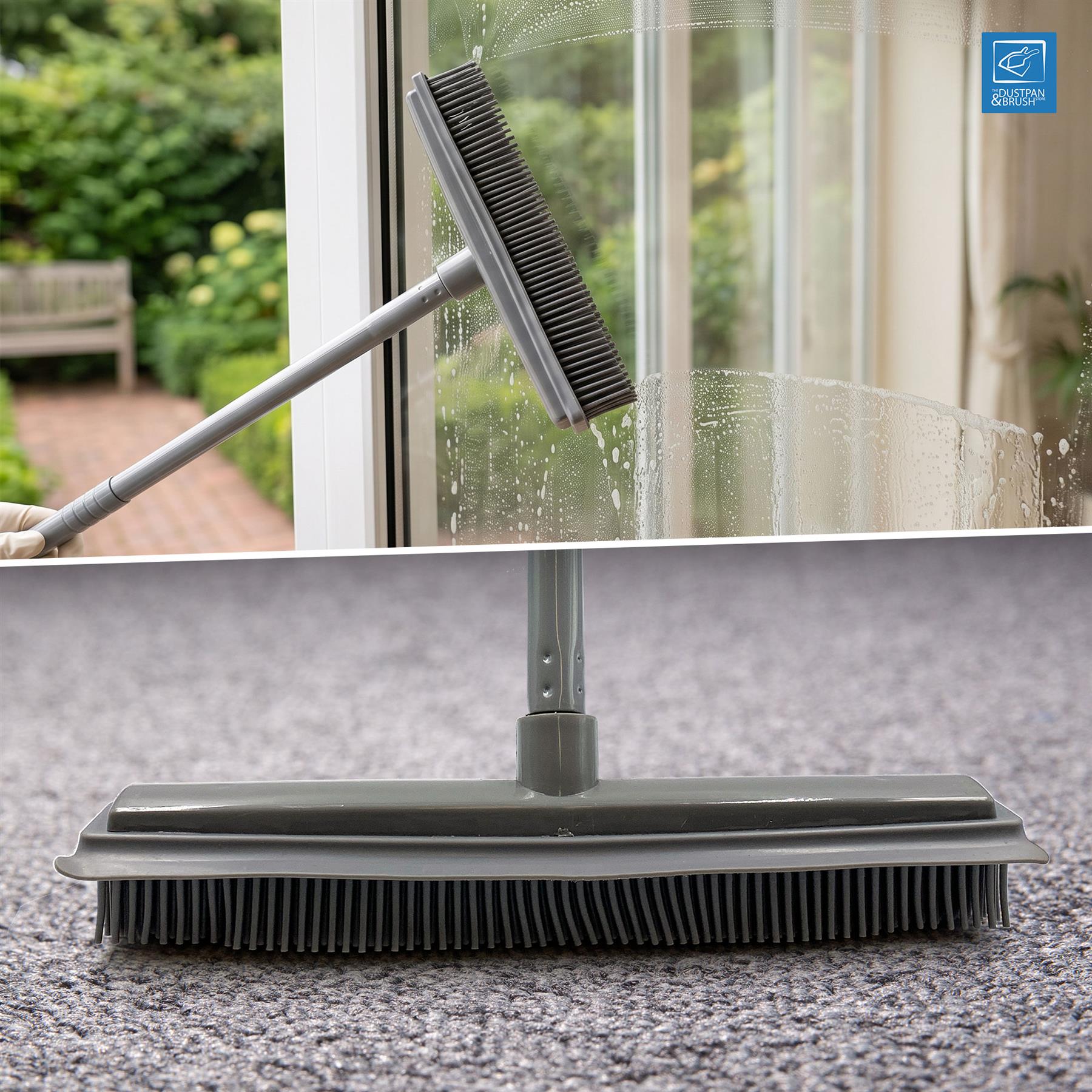 A wide-floor window and glass door cleaner brush with a long handle, shown being used to clean a wet window pane, with a close-up of the brush head resting on carpet below.
