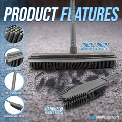 Product features graphic for a grey rubber floor brush and handheld rubber brush set, showing the main rubber broom, a separate handheld brush, and circular callouts highlighting rubber bristles, built-in squeegee, collapsible handle, and ergonomic hand brush.