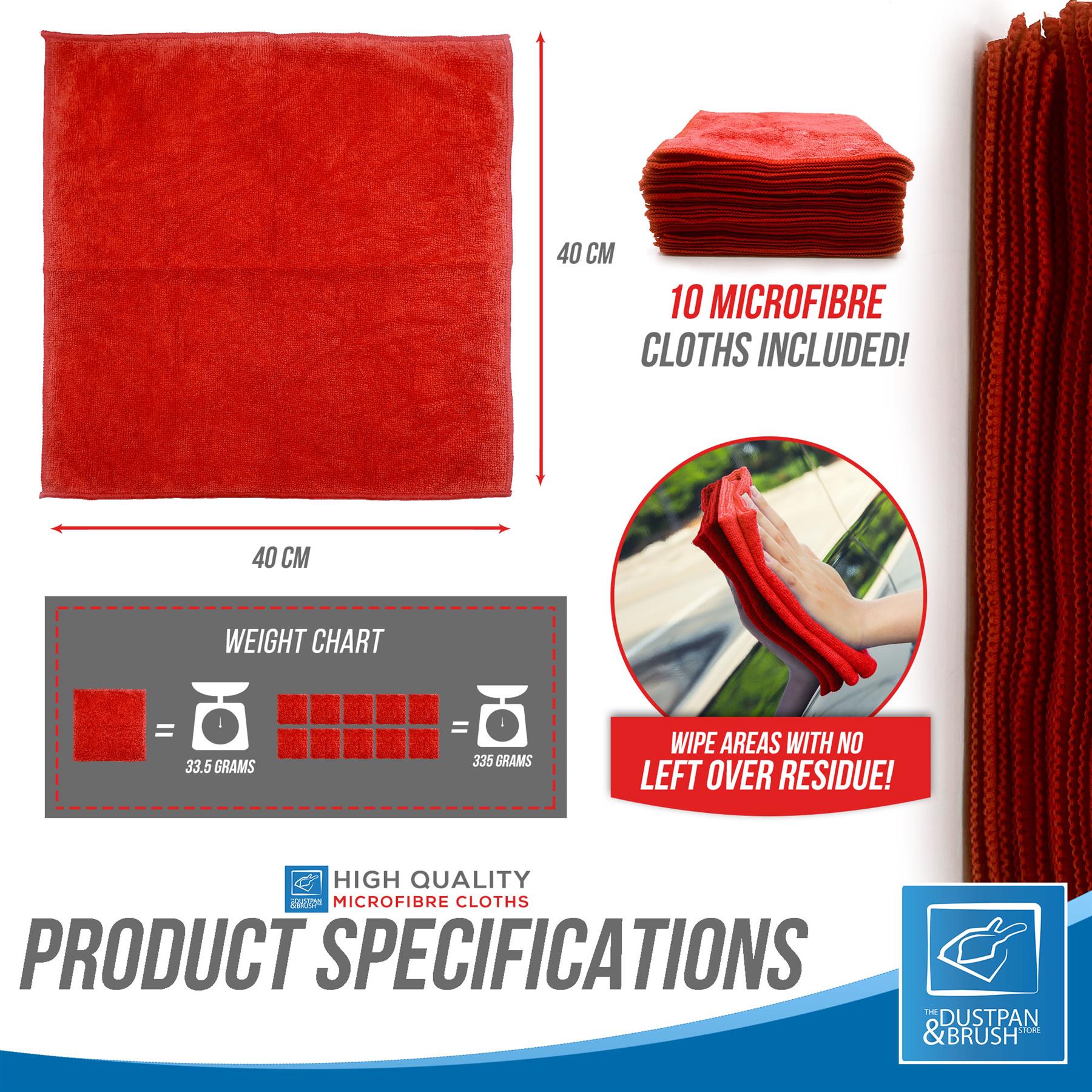 Large Red Absorbant Multipurpose Microfibre Cleaning Cloths - Pack of 10