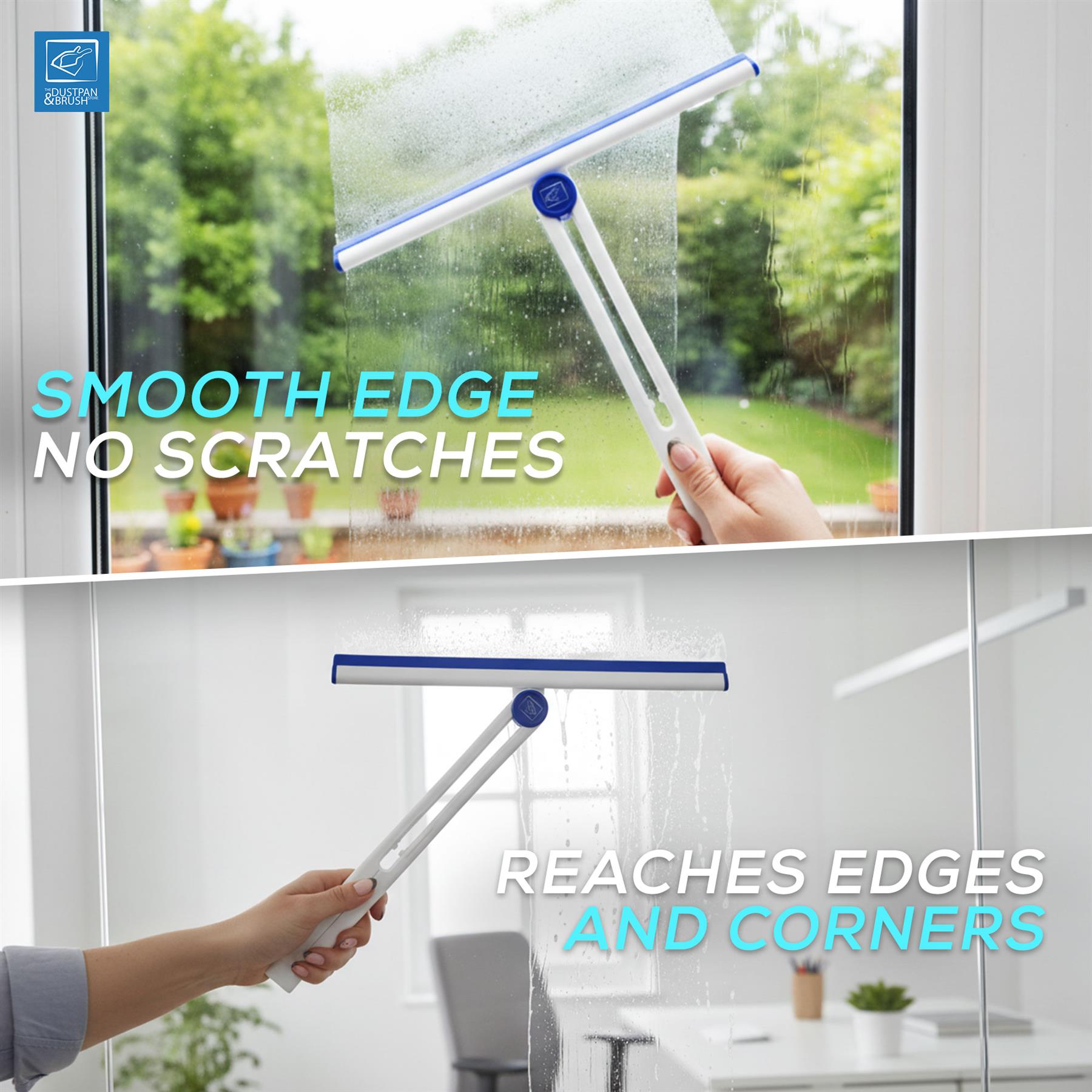 A dual-sided window squeegee shown in a split demonstration: top half shows a hand using it on a wet window with the text 'SMOOTH EDGE NO SCRATCHES,' and bottom half shows another hand using it on a glass pane in an office with the text 'REACHES EDGES AND CORNERS.'.