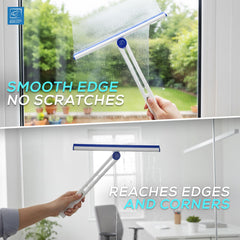 A dual-sided window squeegee shown in a split demonstration: top half shows a hand using it on a wet window with the text 'SMOOTH EDGE NO SCRATCHES,' and bottom half shows another hand using it on a glass pane in an office with the text 'REACHES EDGES AND CORNERS.'.