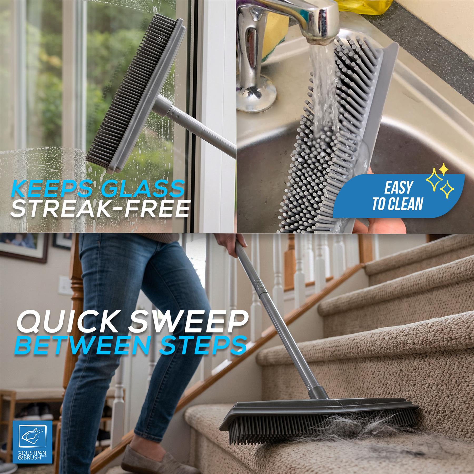 A three-panel collage showing a black and silver wide-bristle cleaning brush in use. The top panel shows the brush cleaning a window, with text reading 'KEEPS GLASS STREAK-FREE'.