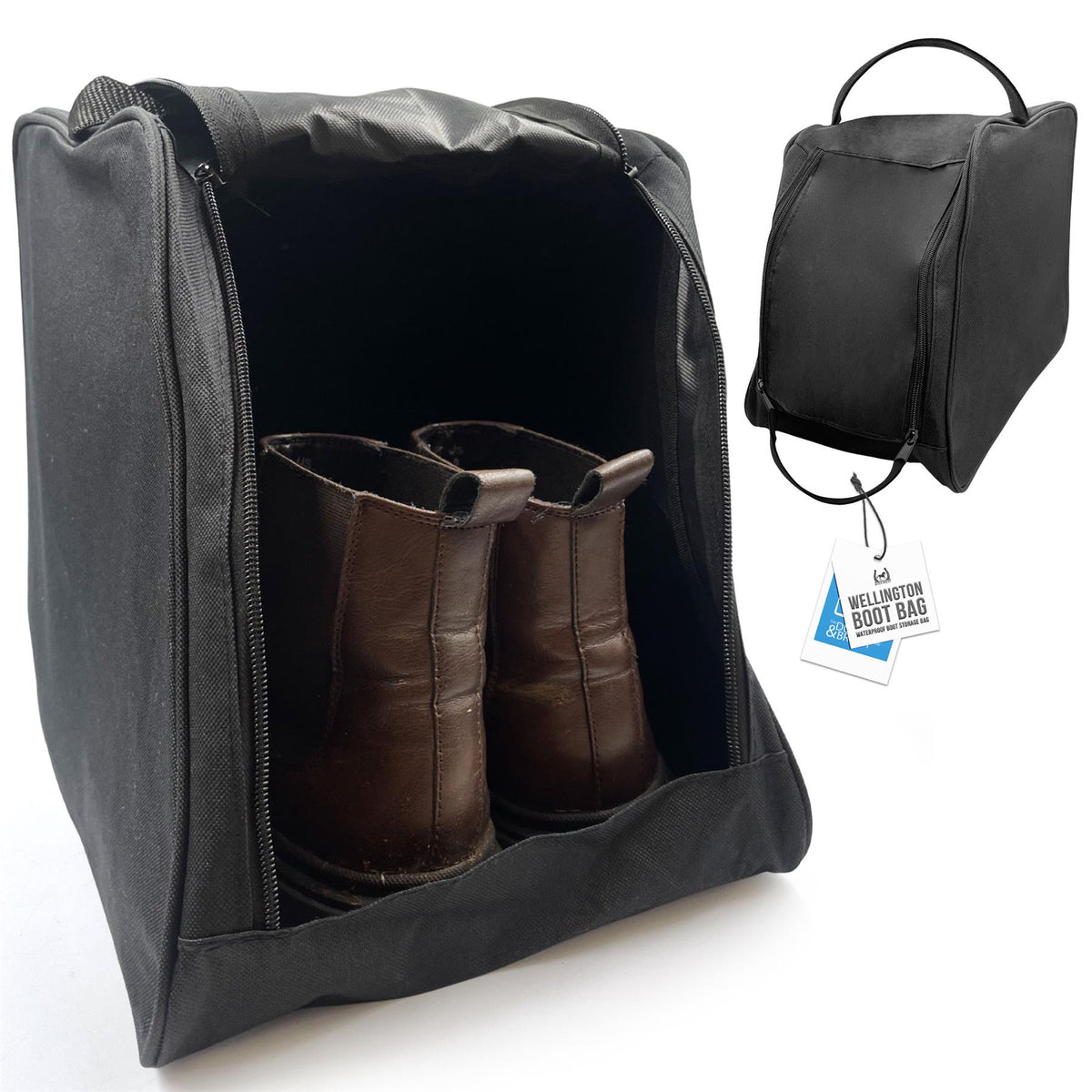 The small boot bag for wellies & walking boots open with boots visibly in the bag, on a white background
