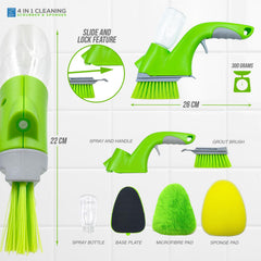 A 4-in-1 grout cleaning brush set on a white tiled background, showing the main lime green and grey spray-and-handle brush, a close-up of the bristle head, a smaller grout brush, four included pads/accessories, and dimension callouts including 22 cm, 26 cm, and 300 grams.