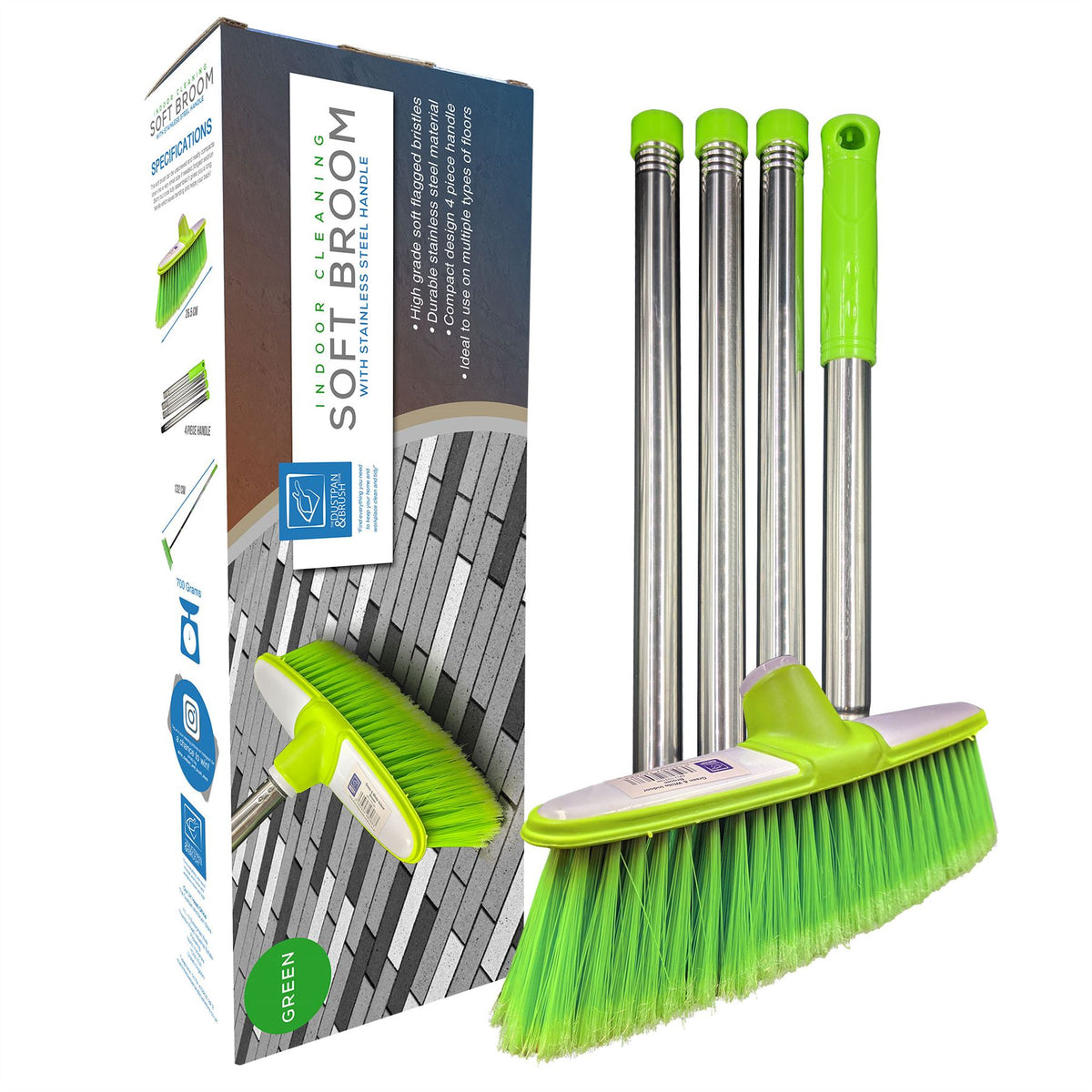 Green & White Indoor Broom with 4pc Stainless Steel Handle