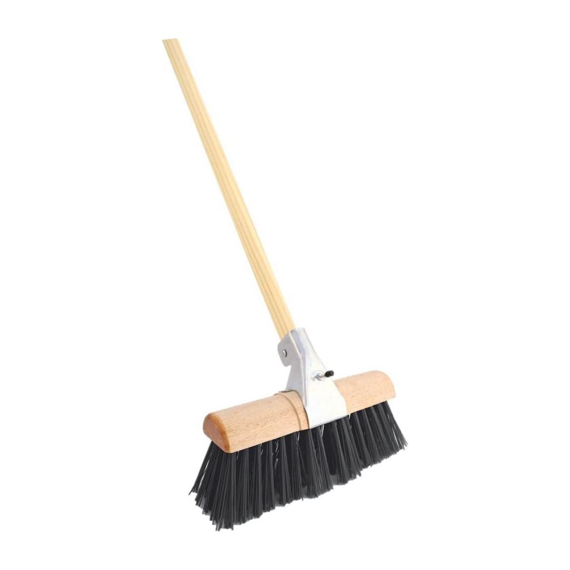 Stiff Heavy Duty Yard Brush Saddle Back Farmers Brush Broom Stiff PVC with Bracket and Wooden Handle