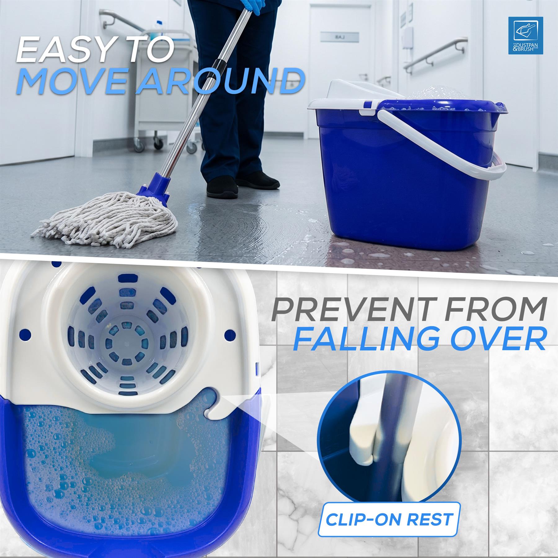 A blue and white spin bucket mop set shown in a clean indoor hallway, with a person using the mop and text overlays reading 'EASY TO MOVE AROUND' and 'PREVENT FROM FALLING OVER.' A close-up inset shows the bucket's spinning basket and 'CLIP-ON REST' feature.