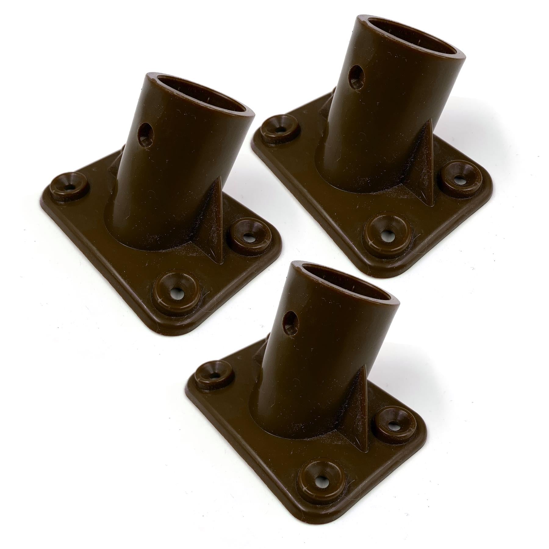 Three dark brown plastic cylindrical mounting brackets with square screw bases, arranged on a white background.