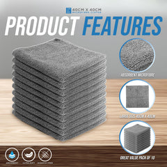 Grey Microfibre Cleaning Cloths – Pack of 10 Reusable 40 x 40cm