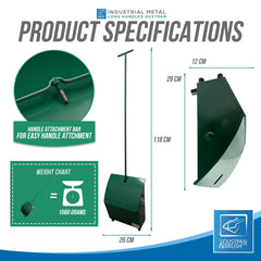Product specifications diagram for an industrial metal long handled dust pan, showing dimensions, weight chart, handle attachment bar detail, and branding for Industrial Metal & Brush. 